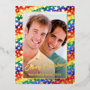 LGBTQ rainbow flag stars Christmas custom photo Foil Holiday Postcard
