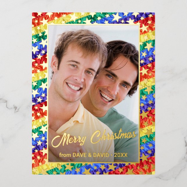 LGBTQ rainbow flag stars Christmas custom photo Foil Holiday Postcard (Front)