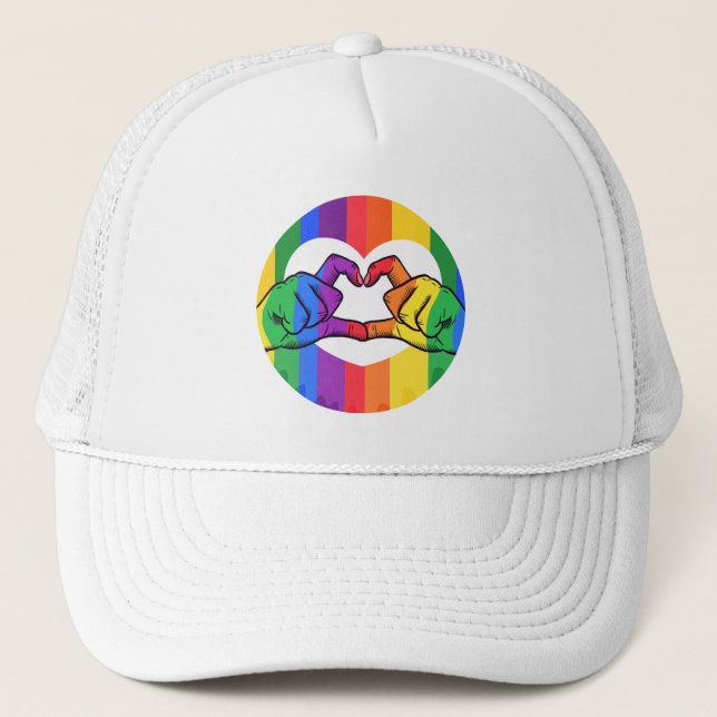 LGBTQ Rainbow Love Heart Hands Trucker Hat (Front)