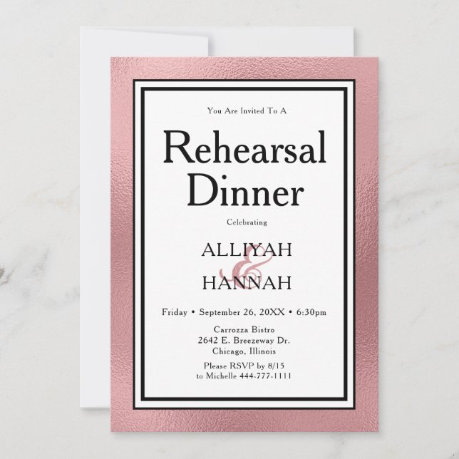 LGBTQ Rose Gold Modern Rehearsal Dinner Invitation (Front)