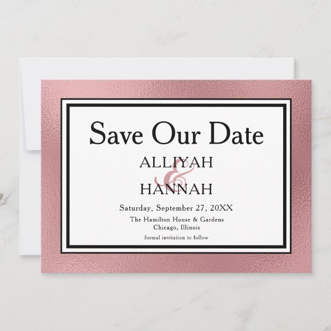 LGBTQ Rose Gold Modern Wedding Photo Save The Date (Front)