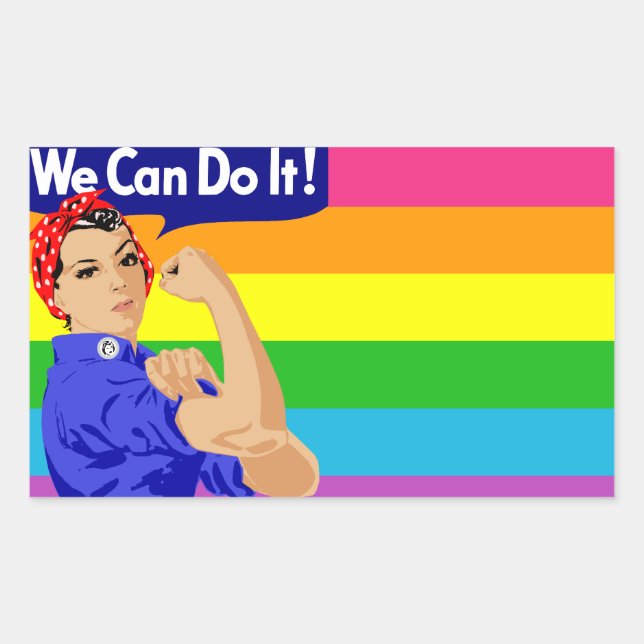 LGBTQ ROSIE THE RIVETER WITH RAINBOW FLAG RECTANGULAR STICKER (Front)
