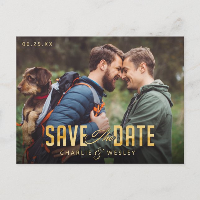 LGBTQ Simple Traditional Save the Date with Photo Postcard (Front)