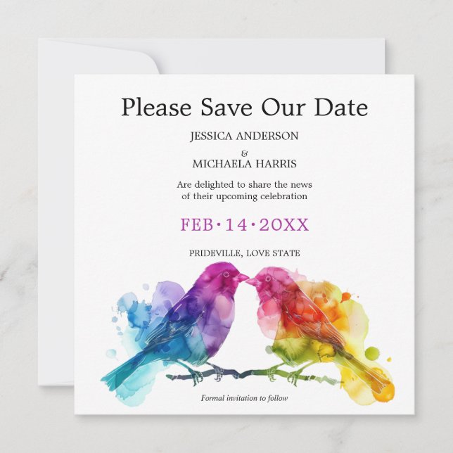 LGBTQ+ square Rainbow Lovebirds Save The Date (Front)