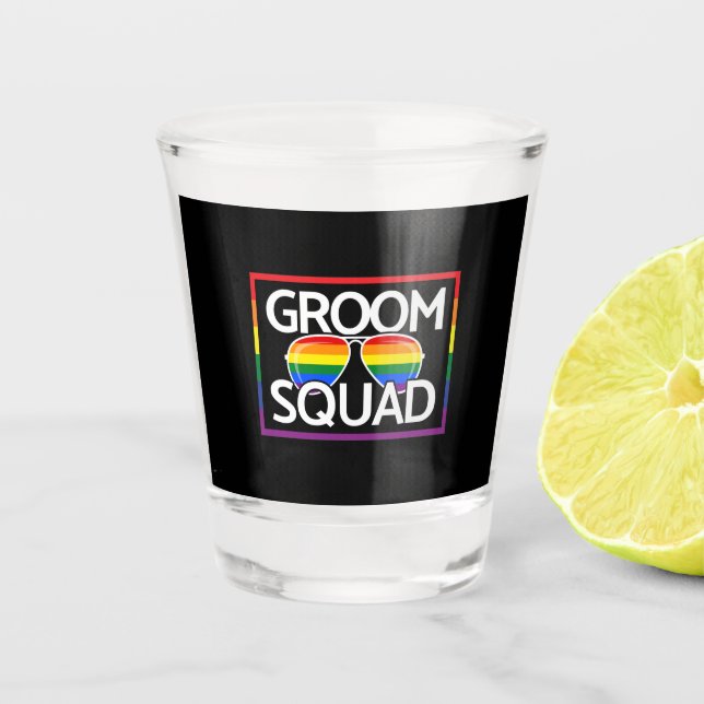 LGBTQ Wedding Gay Pride Matching Groomsmen Squad Shot Glass (Front)