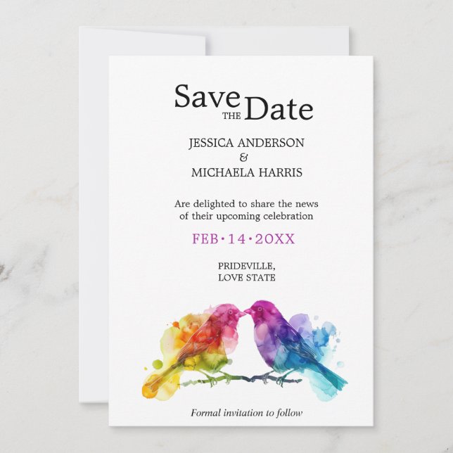 LGBTQ+ with QR code Rainbow Lovebirds Save The Date (Front)