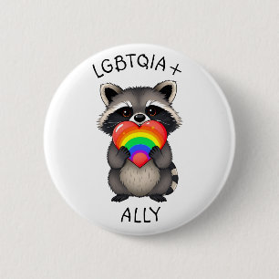 LGBTQIA+ Ally   Raccoon with Rainbow Heart 6 Cm Round Badge
