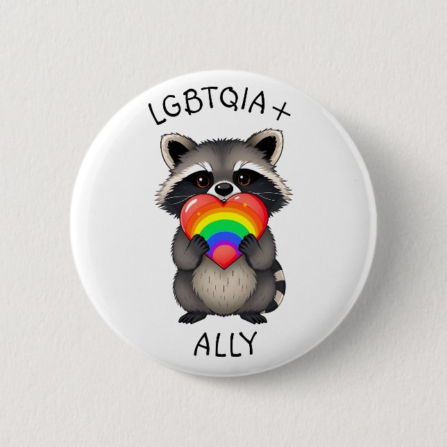 LGBTQIA+ Ally | Racoon with Rainbow Heart 6 Cm Round Badge (Front)