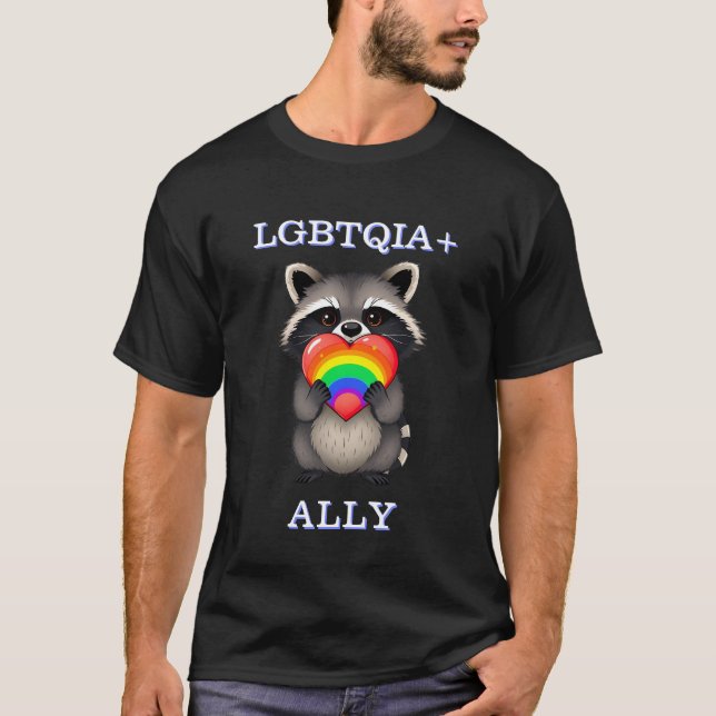 LGBTQIA+ Ally | Racoon with Rainbow Heart T-Shirt (Front)