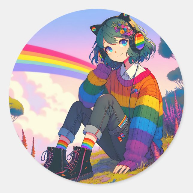 LGBTQIA+ Anime Girl Lesbian Pride  Classic Round Sticker (Front)