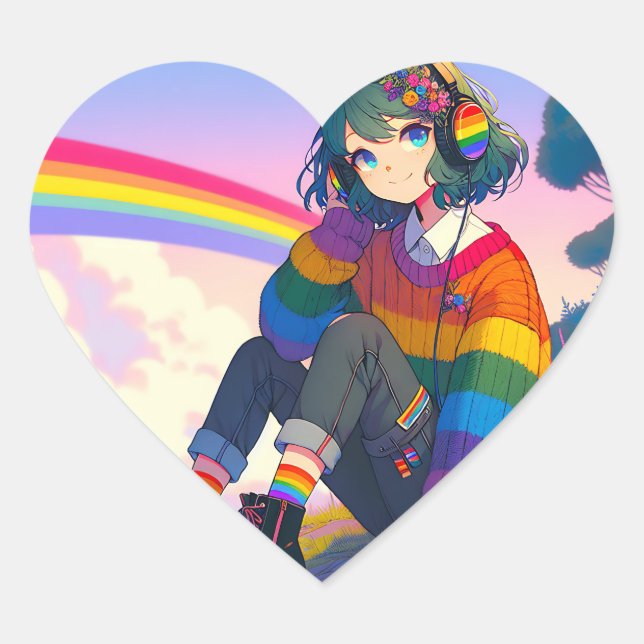 LGBTQIA+ Anime Girl Lesbian Pride  Heart Sticker (Front)