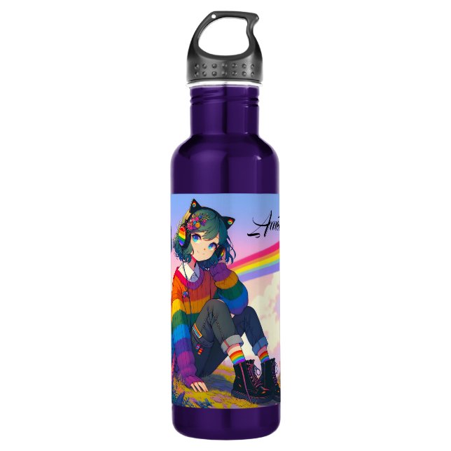 LGBTQIA+ Anime Girl Lesbian Pride Personalised 710 Ml Water Bottle (Front)
