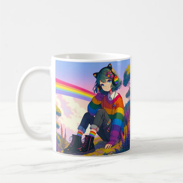 LGBTQIA+ Anime Girl Lesbian Pride Personalised Coffee Mug (Left)
