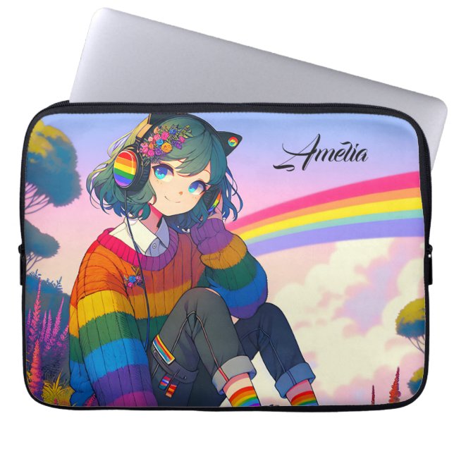 LGBTQIA+ Anime Girl Lesbian Pride Personalised Laptop Sleeve (Front)