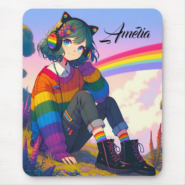LGBTQIA+ Anime Girl Lesbian Pride Personalised Mouse Mat (Front)