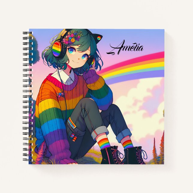LGBTQIA+ Anime Girl Lesbian Pride Personalised Notebook (Front)