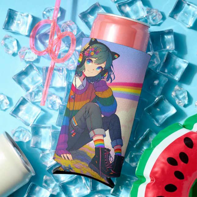 LGBTQIA+ Anime Girl Lesbian Pride Personalised Seltzer Can Cooler (In Situ Summer)
