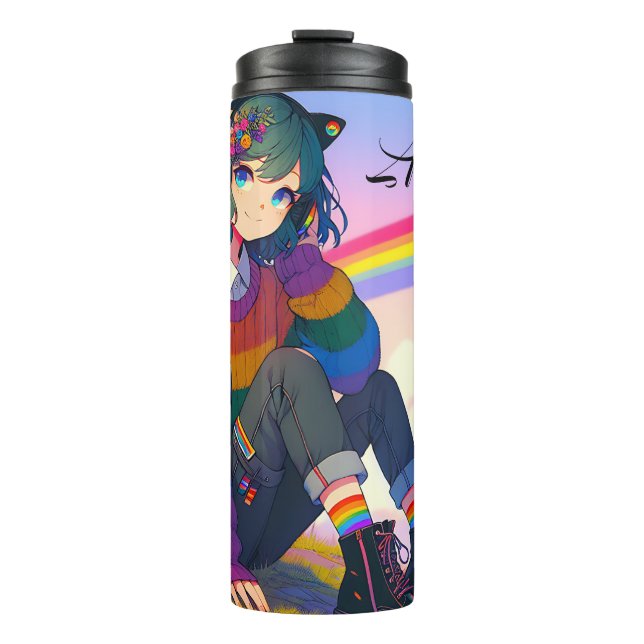 LGBTQIA+ Anime Girl Lesbian Pride Personalised Thermal Tumbler (Front)