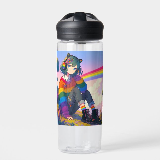 LGBTQIA+ Anime Girl Lesbian Pride Personalised Water Bottle (Front)