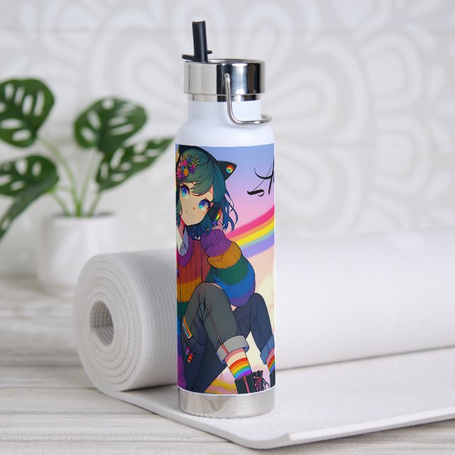 LGBTQIA+ Anime Girl Lesbian Pride Personalised Water Bottle (Yoga)