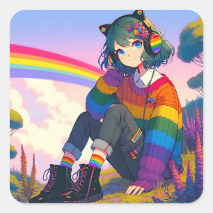 LGBTQIA+ Anime Girl Lesbian Pride  Square Sticker