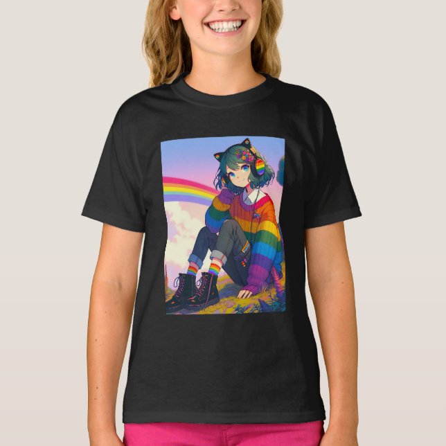 LGBTQIA+ Anime Girl Lesbian Pride  T-Shirt (Front)