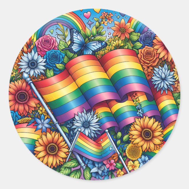LGBTQIA+ Pride Flags, Rainbows, Flowers Classic Round Sticker (Front)