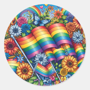 LGBTQIA+ Pride Flags, Rainbows, Flowers Classic Round Sticker