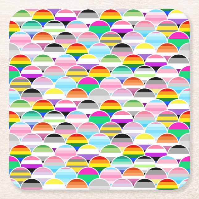 LGBTQIA+ Queer Scalloped Pride Flag Fans Square Paper Coaster (Front)