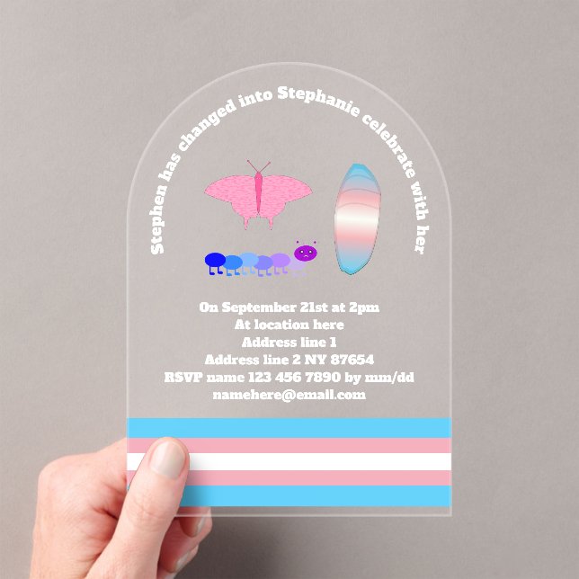 LGBTQIA Transgender Pride Caterpillar to Butterfly Acrylic Invitations (Insitu (Handheld))