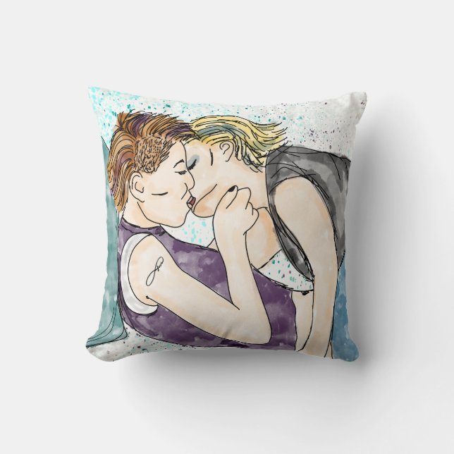 LGBTQIA+ Women Kissing Watercolor Art  Cushion (Front)