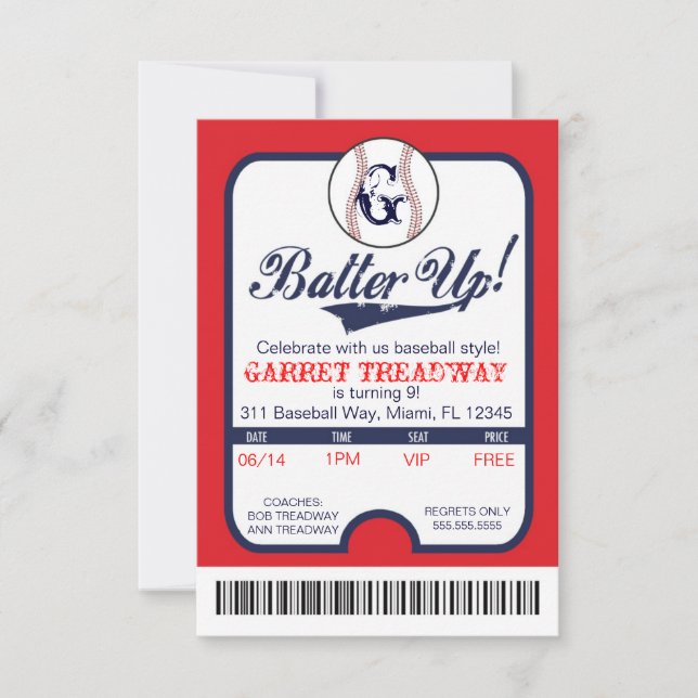 LGC Batter Up Baseball Ticket Celebration/Birthday Invitation (Front)