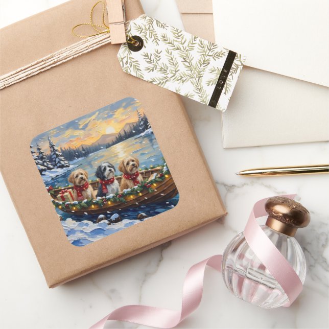 Lhasa Apso Christmas Boat Holiday Square Sticker (Gifting)