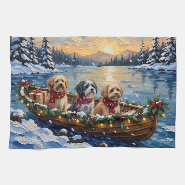 Lhasa Apso Christmas Boat Holiday Tea Towel (Horizontal)