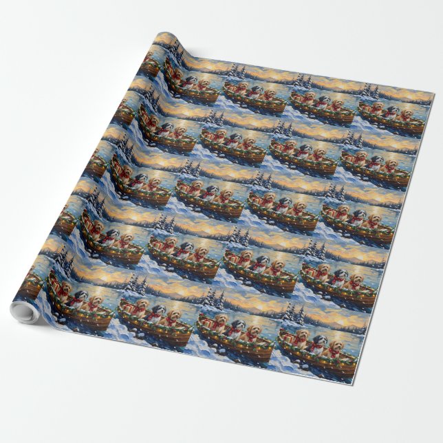 Lhasa Apso Christmas Boat Holiday Wrapping Paper (Unrolled)