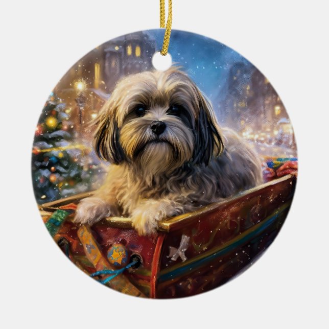 Lhasa Apso Christmas Festive Season  Ceramic Tree Decoration (Front)