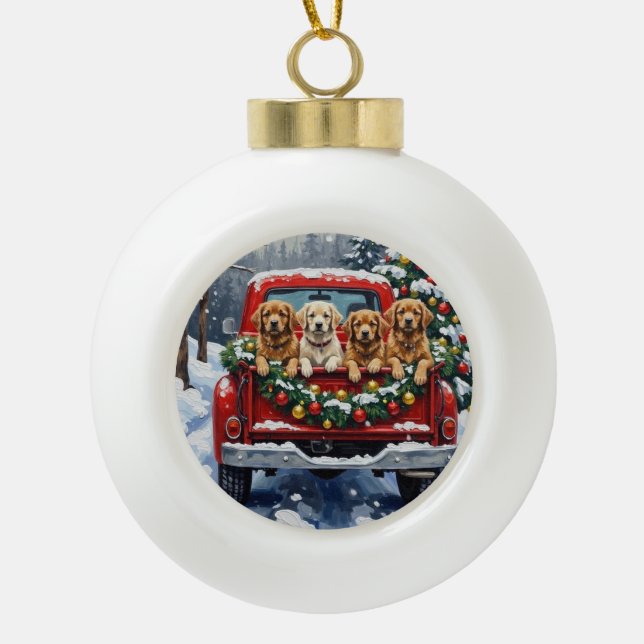 Lhasa Apso Christmas Red Truck Holiday Ceramic Ball Christmas Ornament (Front)