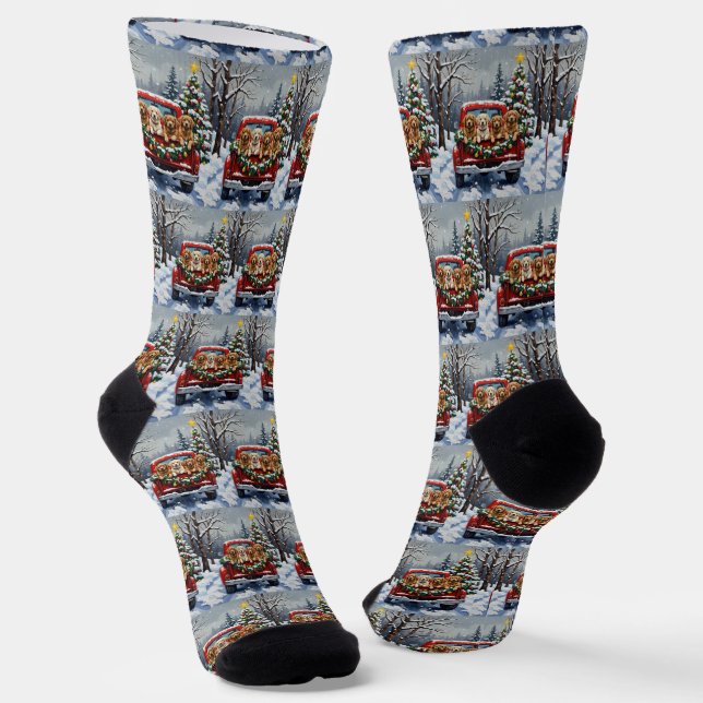 Lhasa Apso Christmas Red Truck Holiday Socks (Angled)