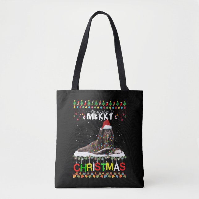 Lhasa Apso Christmas Tree Light Pajama Xmas Dog Tote Bag (Front)