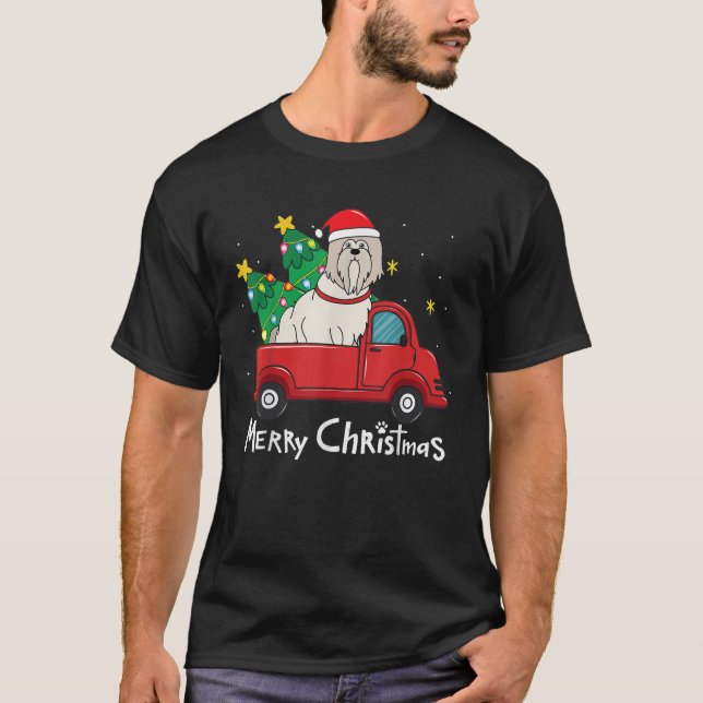 Lhasa Apso Christmas Truck Tree Mom Dad Funny Xmas T-Shirt (Front)