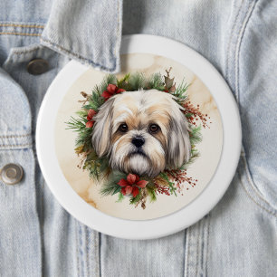 Lhasa Apso Christmas Wreath Festive Pup 6 Cm Round Badge