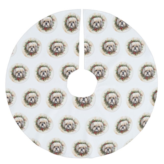 Lhasa Apso Christmas Wreath Festive Pup  Brushed Polyester Tree Skirt (Front)