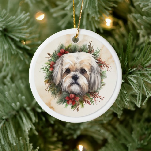 Lhasa Apso Christmas Wreath Festive Pup  Ceramic Tree Decoration (Tree)