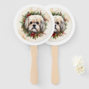 Lhasa Apso Christmas Wreath Festive Pup  Hand Fan