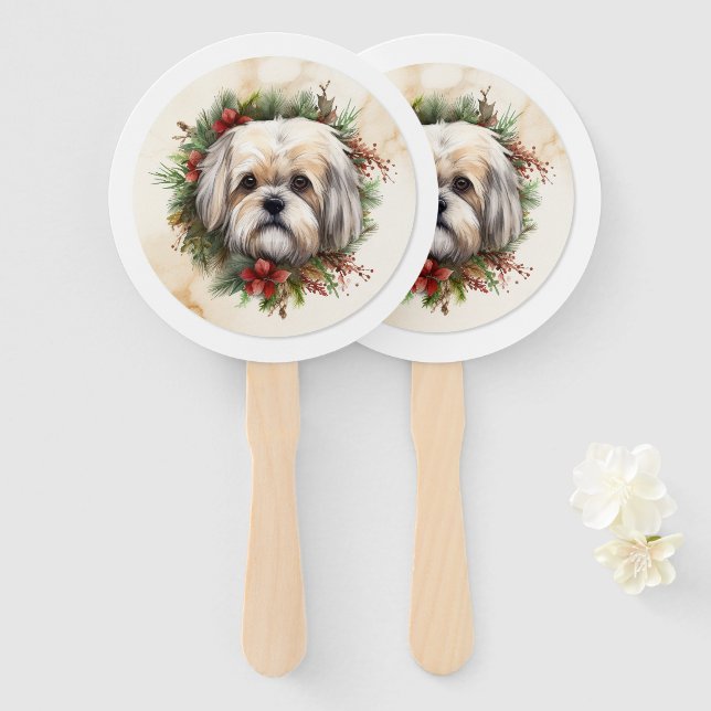 Lhasa Apso Christmas Wreath Festive Pup  Hand Fan (Front and Back)