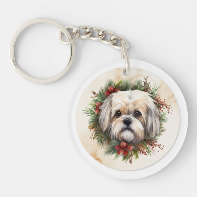 Lhasa Apso Christmas Wreath Festive Pup  Key Ring (Front)