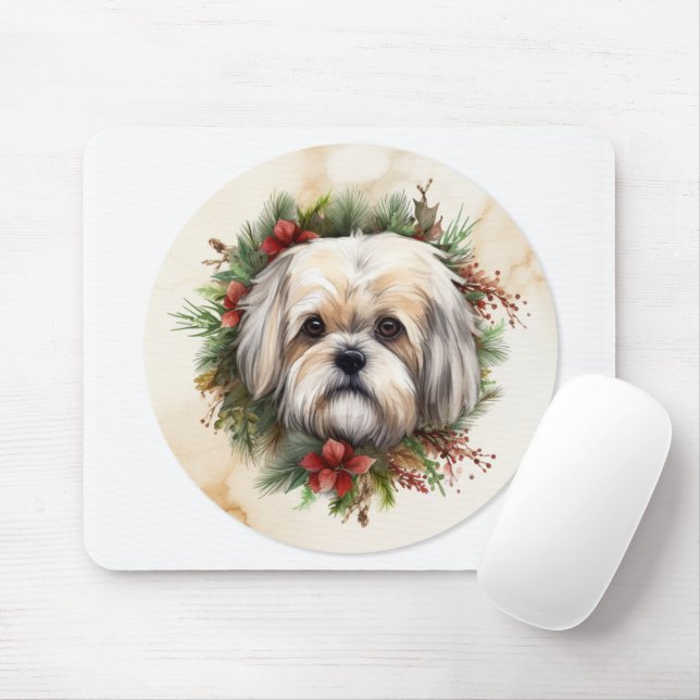 Lhasa Apso Christmas Wreath Festive Pup  Mouse Mat (With Mouse)