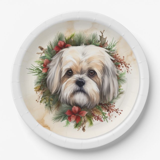 Lhasa Apso Christmas Wreath Festive Pup  Paper Plate (Front)