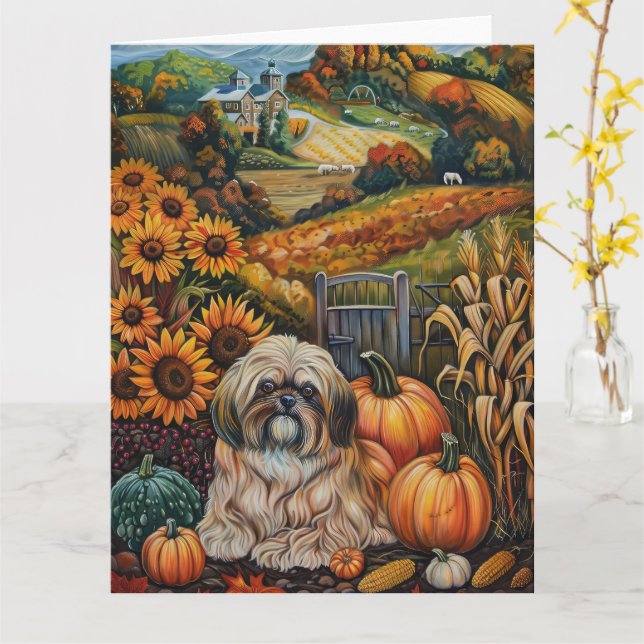 Lhasa Apso Dog Autumn Harvest Thanksgiving Card (Yellow Flower)
