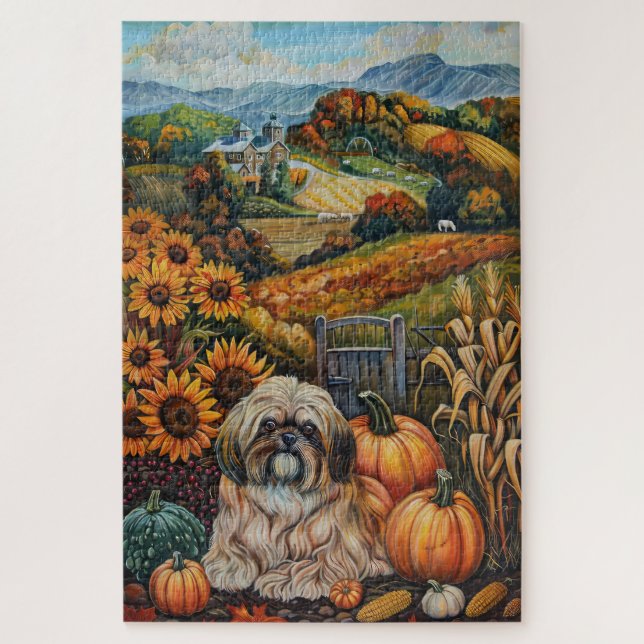 Lhasa Apso Dog Autumn Harvest Thanksgiving Jigsaw Puzzle (Vertical)